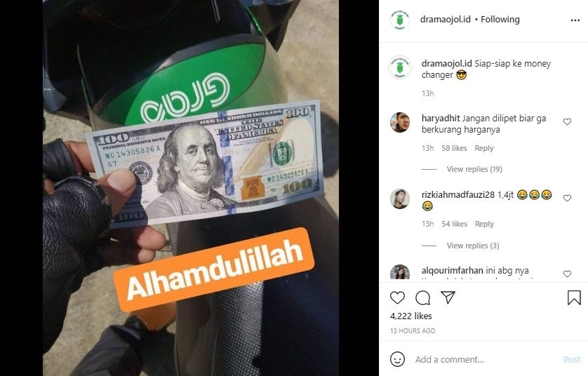Viral Driver Ojol Dibayar Pakai Uang Dollar. (Instagram/@dramaojol.id)