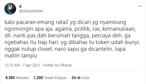 Cuitan soal kehidupan setelah rumah tangga, menohok hati publik (Twitter/Ddiyanlestari).