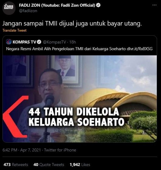 Cuitan Fadli Zon Soal TMII. (Twitter/fadlizon)