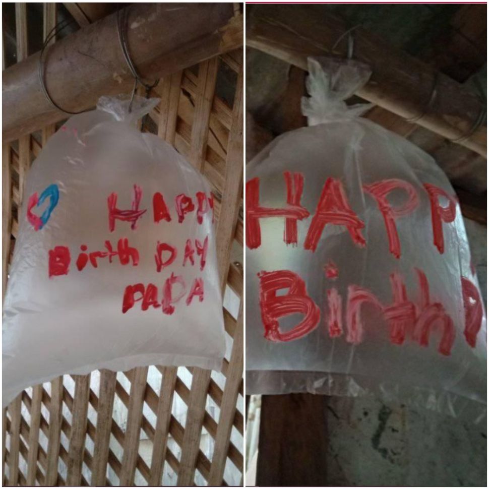 Tak Mampu Beli Balon, Bocah ini Rayakan Ulang Tahun Ayahnya Pakai Plastik (Facebook/melody.silang)
