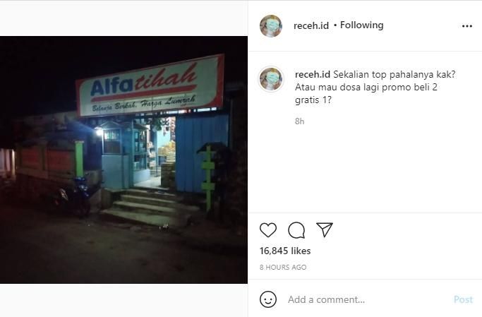 Pasang Spanduk Nyentrik, Nama Warung Kelontong Ini Bikin Pengendara Salfok. (Instagram/@receh.id)