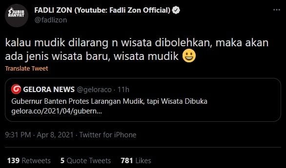 Cuitan Fadli Zon Soal Mudik. (Twitter/@fadlizon)