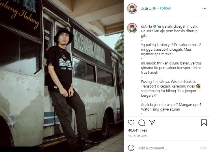 Kritik Pedas Dokter Tirta Soal Larangan Mudik. (Instagram/@dr.tirta)