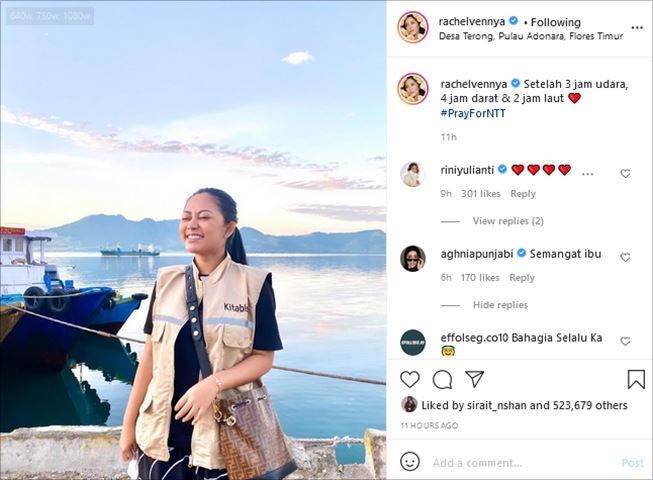 Unggahan Rachel Vennya saat jadi relawan di NTT. (Instagram/@rachelvennya)