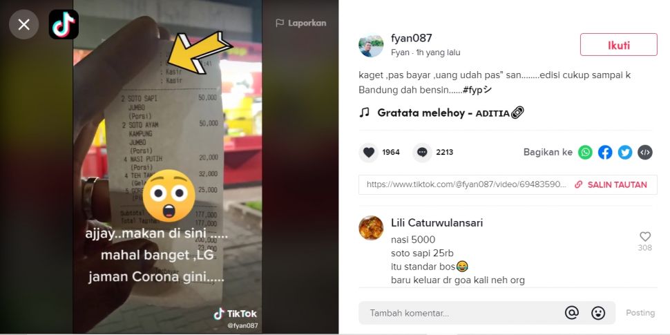 Pria syok protes harga makanan mahal viral (TikTok).