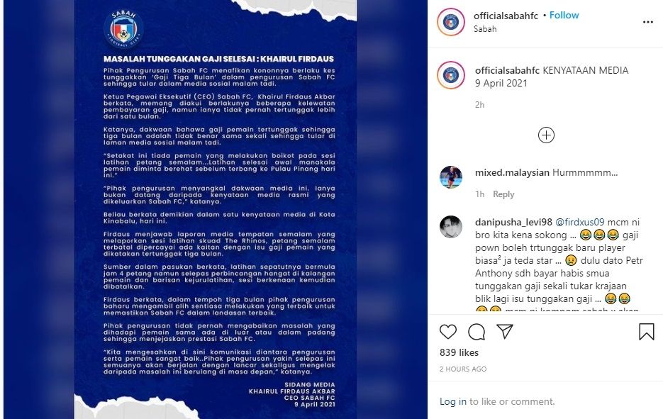 Pernyataan Sabah FC terkait penunggakan gaji pemain. (Instagram/officialsabahfc)