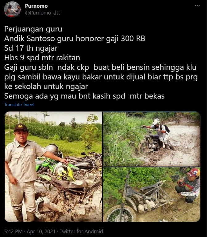 Guru honorer naik motor trail rakitan bikin terenyuh. (Twitter/@Purnomo_dtt)