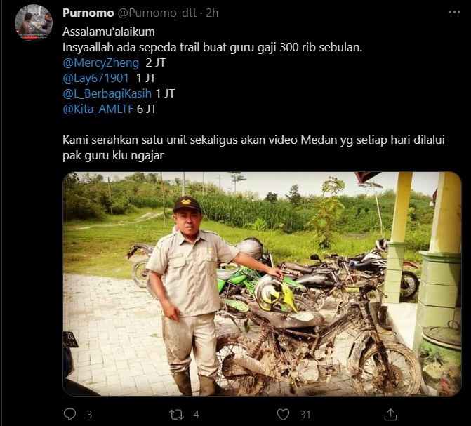 Guru honorer naik motor trail rakitan bikin terenyuh. (Twitter/@Purnomo_dtt)