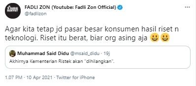 Komentar Fadli Zon soal Kemenristek dilebur ke Kemendikbud (Twitter/fadlizon)