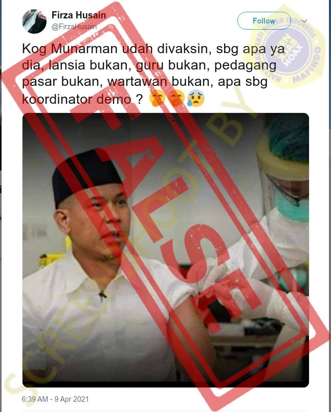 Fakta Munarman disuntik vaksin Covid-19 (Turnbackhoax.id)