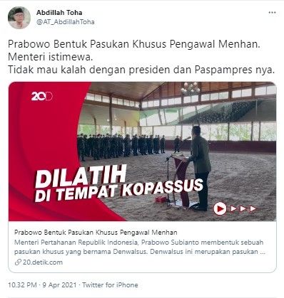 Pendiri PAN sebut Prabowo tak mau kalah dengan presiden dan Paspampres (Twitter/at_abdillahtoha)