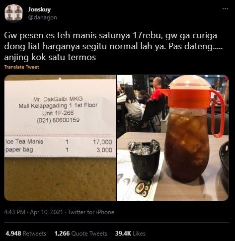 Viral Curhat Pria Beli Es Teh Harga Rp17 Ribu. (Twitter/@danarjon)