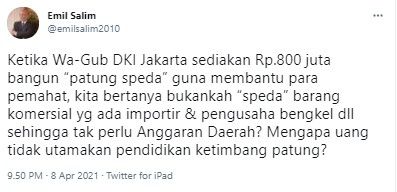 Emil Salim kritisi pembangunan tugu sepeda (Twitter/emilsalim2010)