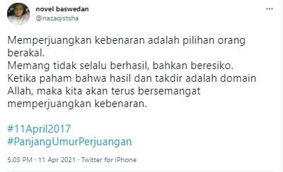 Novel Baswedan singgung perjuangan kebenaran (Twitter/nazaqistsha)