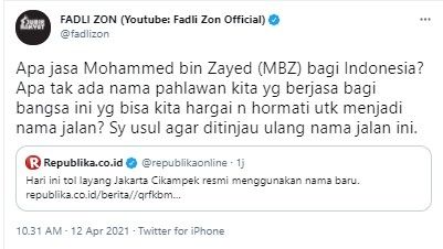 Fadli Zon minta nama Tol Mohammed bin Zayed ditinjau ulang (Twitter/fadlizon)