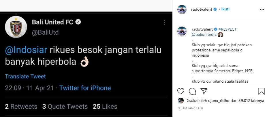Valentino Jebreeet mengunggah cuitan Bali United di Instagram pribadinya. (Instagram/@radotvalent).