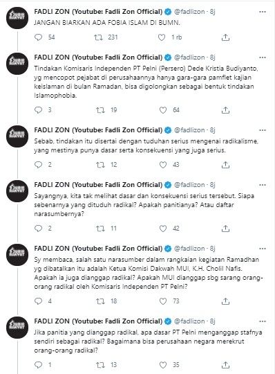 Fadli Zon sebut komisaris PT Pelni Dede Budhyarto islamophobia (Twitter/fadlizon)