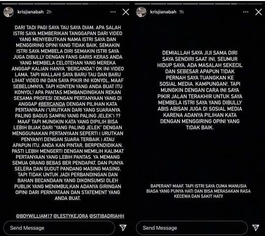 Pernyataan keberatan suami Siti Badriah, Krisjiana Baharudin soal konten Boy William dan Lesti Kejora. [Instagram Story]