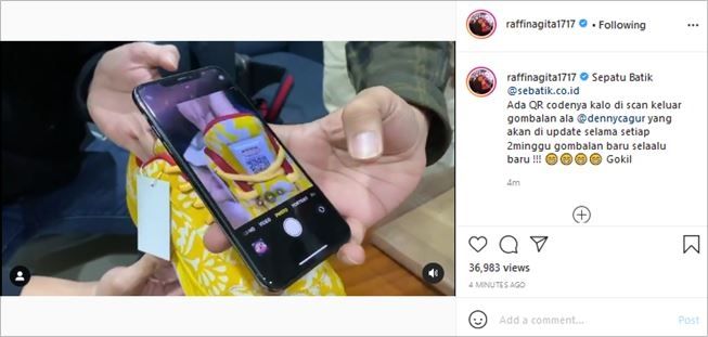 Raffi Ahmad promosi sepatu batik Denny Cagur. (Instagram/@raffinagita1717)