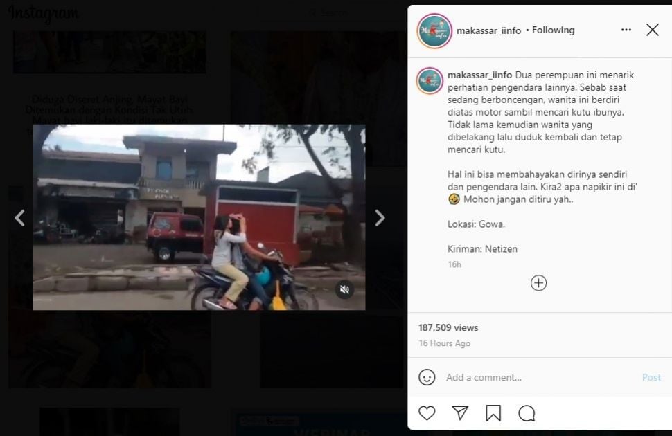 Emak dan anak kompak cari kutu sambil naik motor (IG/makassar_iinfo)