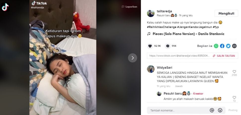 Viral Suami Bersihkan Make Up Istri. (TikTok/@talitaredja)