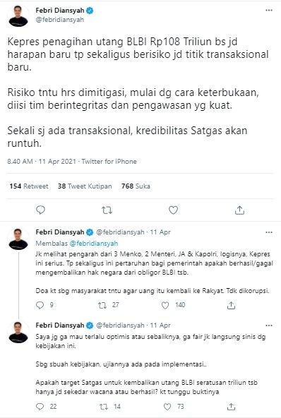 Febri Diansyah sebut Kepres kasus BLBI bisa jadi transaksional baru (Twitter/febridiansyah)