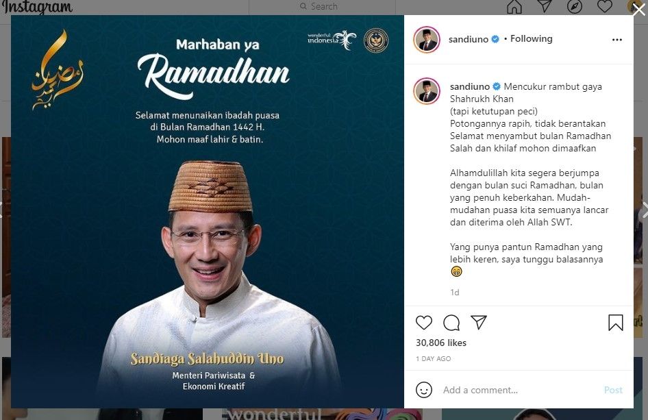 Sandiaga tantang followersnya bikin pantun ramadhan (IG/sandiuno)