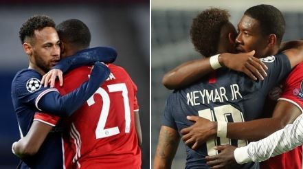 Momen Neymar yang balas peluk Alaba usai PSG ke semifinal Liga Champions. (Twitter@talkSPORT)