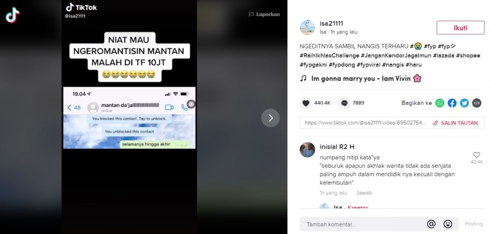 Viral Wanita Curhat Ditransfer 10 Juta Dari Mantan. (TikTok/@isa21111)