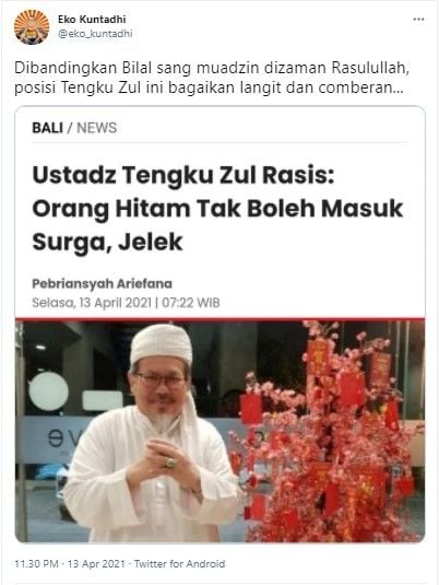 Eko Kuntadhi bandingkan Tengku Zul dengan Bilal (Twitter/eko_kuntadhi)