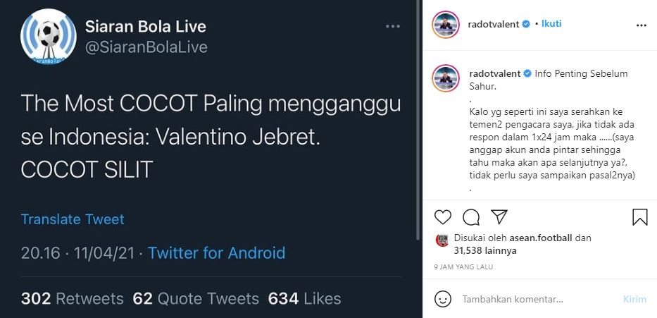 Valentino Jebreeet mengunggah cuitan akun Twitter di Instagram pribadinya. (Instagram/@radotvalent).