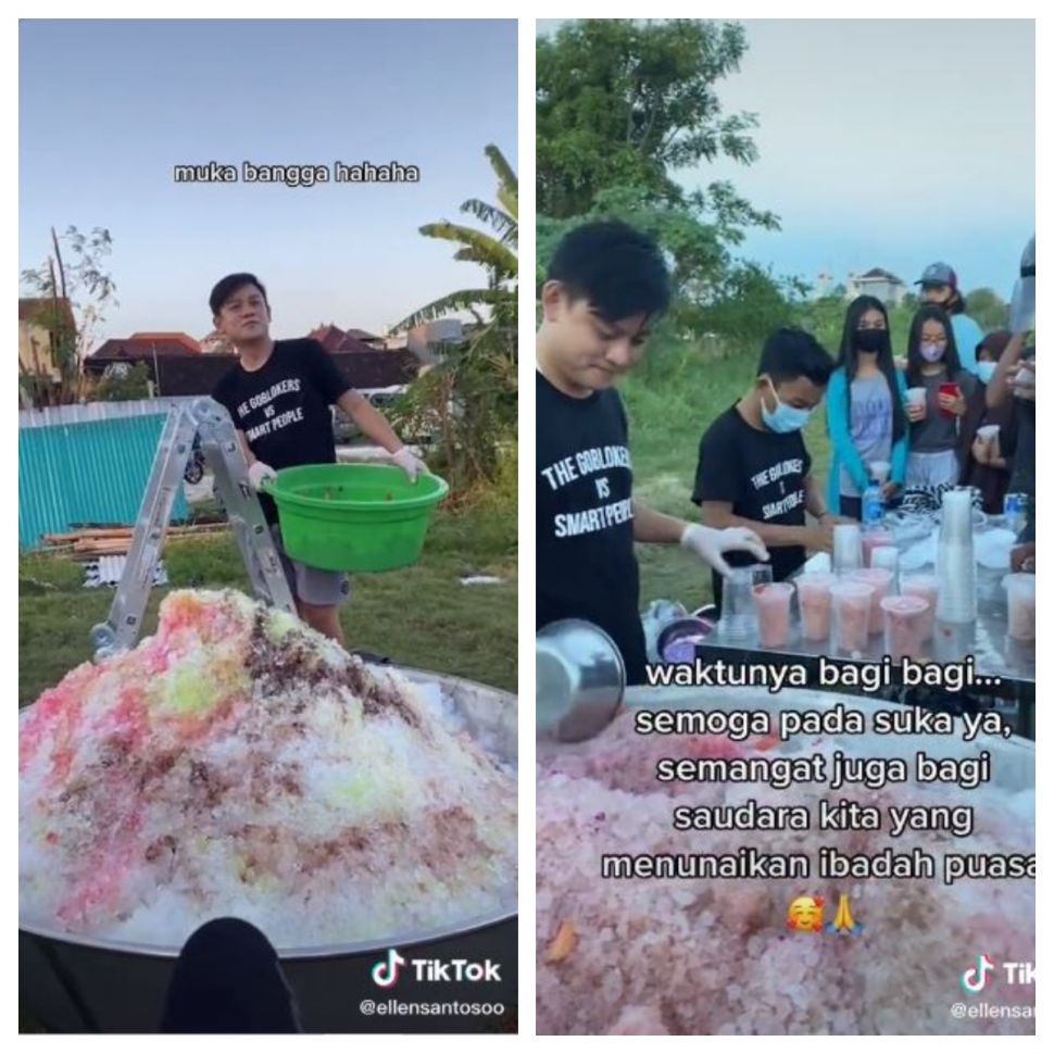 Bobon Santoso buat es serut raksasa untuk takjil para warga (TikTok @ellensantosoo)