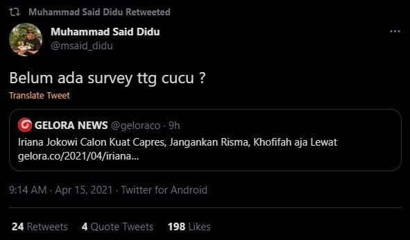 Cuitan Said Didu Soal Iriana Jokowi Jadi Kandidat Kuat Capres. (Twitter/@msaid_didu)