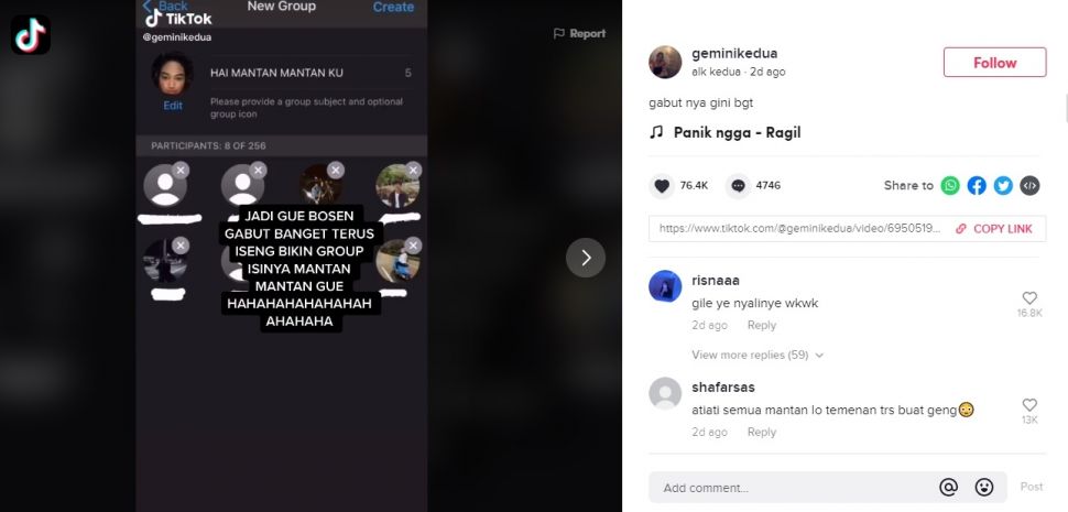 Viral Wanita Buat Grup WA Isinya 8 Mantan Kekasih. (TikTok/@gemini kedua)