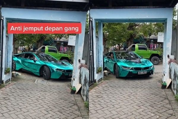 Viral Pria Setir Mobil Sport ke Gang Sempit. (TikTok/@tom.liwafa )