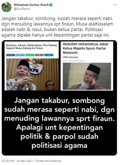 Guntur Romli semprot Hehamahua yang merasa seperti nabi (Twitter/gunromli)