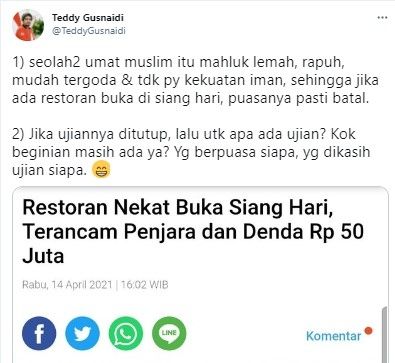 Teddy Gusnaidi kritik pemerintah yang larang resto buka siang hari selama ramadhan (Twitter)