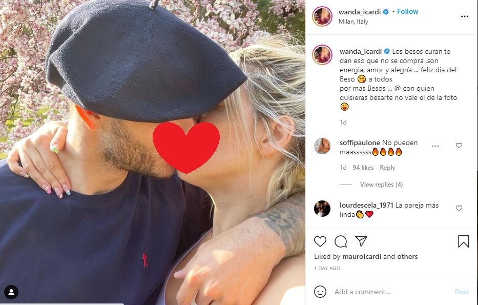 Wanda Nara ciuman dengan suaminya, Mauro Icardi. (Instagram/wanda_icardi)