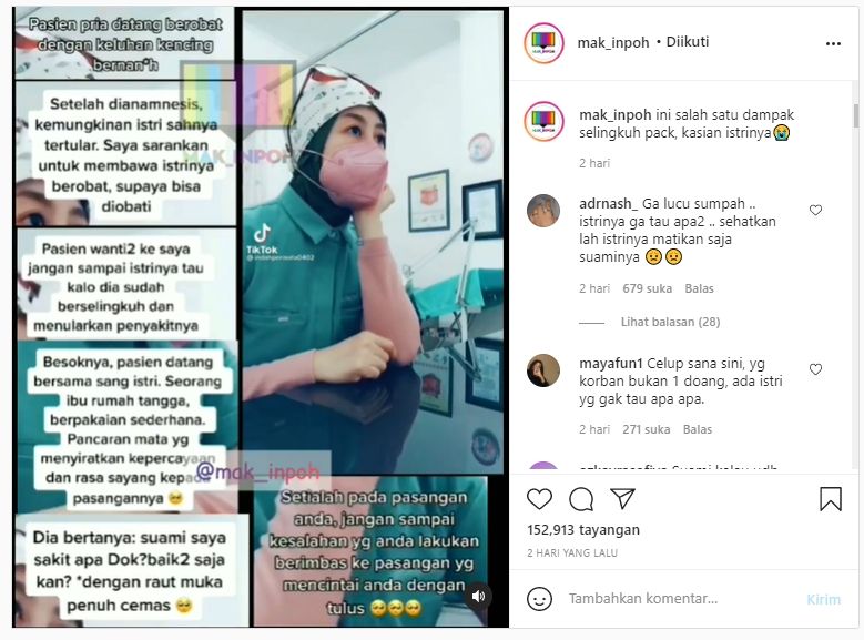 Viral suami selingkuh kena penyakit kencing nanah (Instagram/Mak_inpoh).
