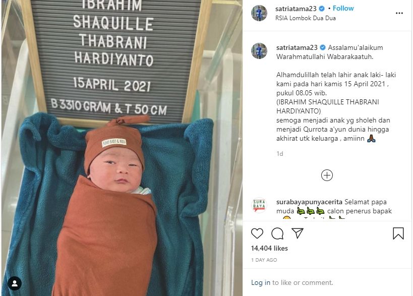 Satria Tama bagikan potret anak pertamanya yang baru lahir. (Instagram/satriatama23)