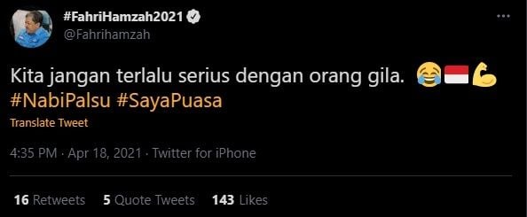 Cuitan Fahri Hamzah Soal Nabi Palsu. (Twitter/@Fahrihamzah)