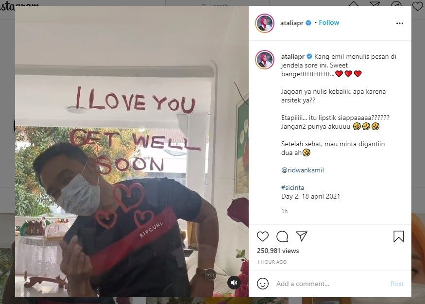 Ridwan Kamil beri pesan cinta untuk istri (IG/ataliapr)