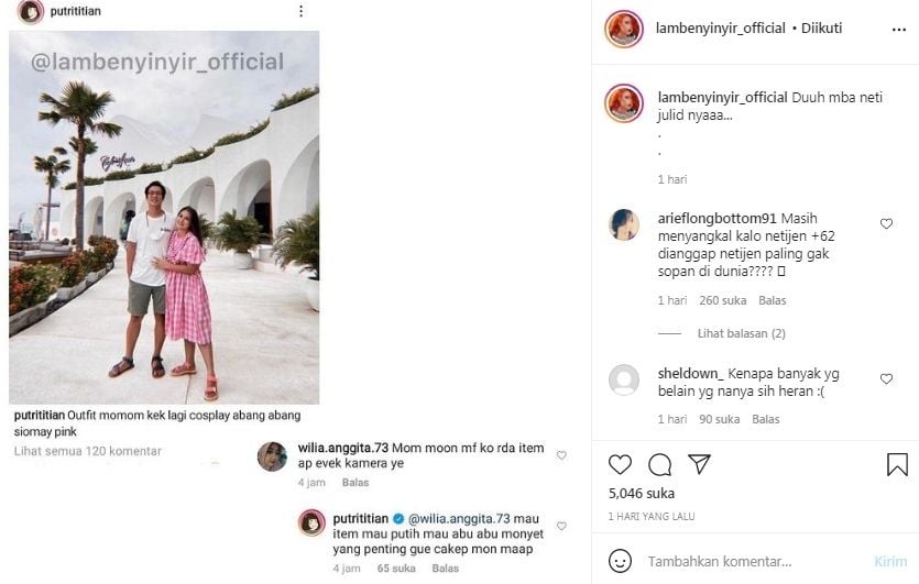 Unggahan soal Putri Titian [Instagram/@lambenyinyir_official]