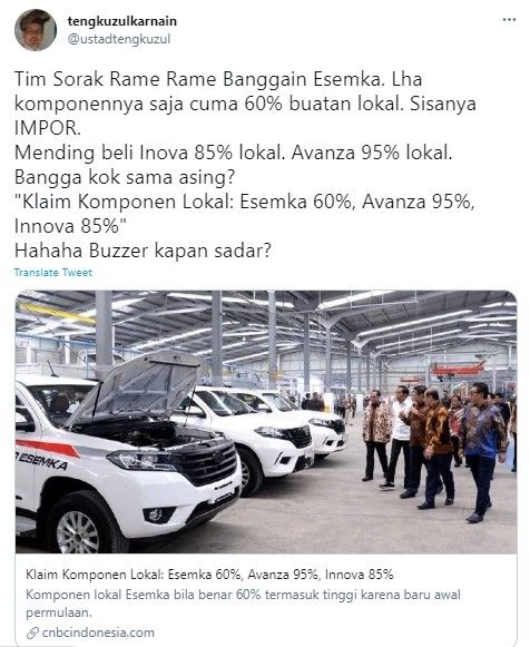Tengku Zul komentari komponen impor di mobil Esemka (Twitter/ustadtengkuzul)