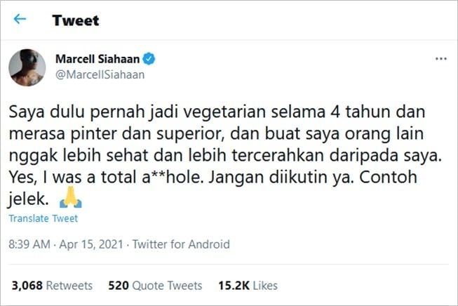 Marcell Siahaan menyesal pernah sombong saat jadi vegetarian. (Twitter/@MarcellSiahaan)