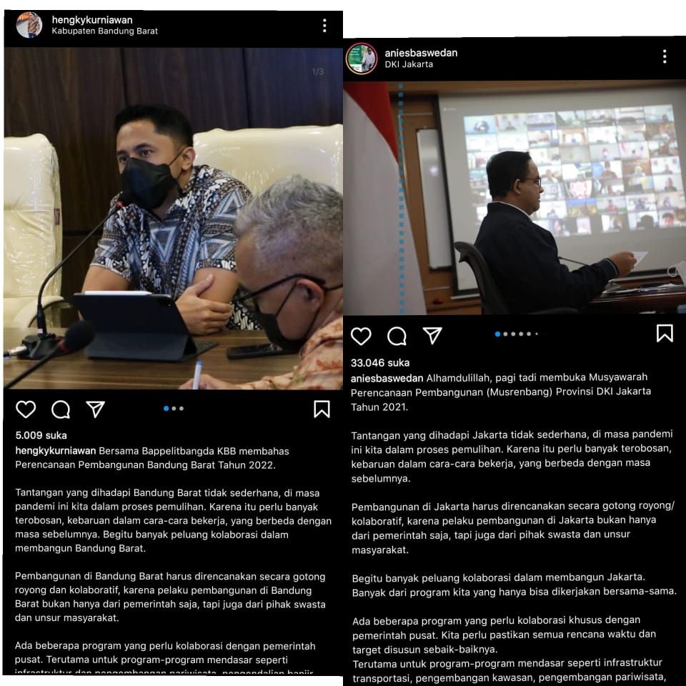 Unggahan Anies Baswedan dan Hengky Kurniawan di Instagram mengenai kolaborasi. Uniknya, dua unggahan itu memiliki caption atau keterangan yang sangat mirip. [Tangkapan Layar Instagram]