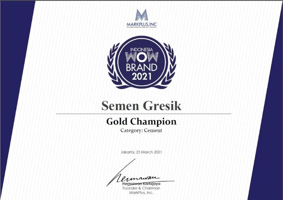 Semen Gresik berhasil meraih Gold Champion of Indonesia pada ajang WOW Brand 2021 yang digelar MarkPlus pada perhelatan WOW Brand Festive Day 2021, Senin, (19/4/2021) 