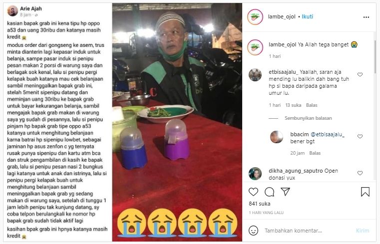 Viral driver ojol ditipu pelanggan (Instagram).