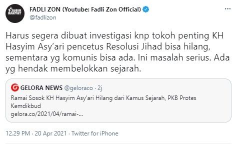 Fadli Zon duga ada yang mau belokkan sejarah (Twitter/fadlizon)