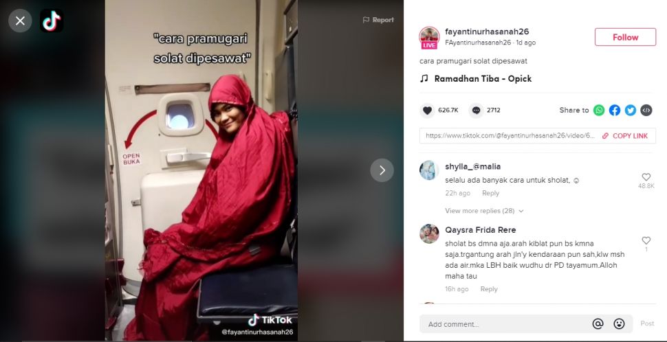 Cara salat di pesawat menurut pramugari (TikTok).